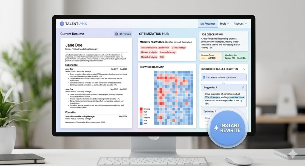 AI-powered resume rewrite interface highlighting missing keywords