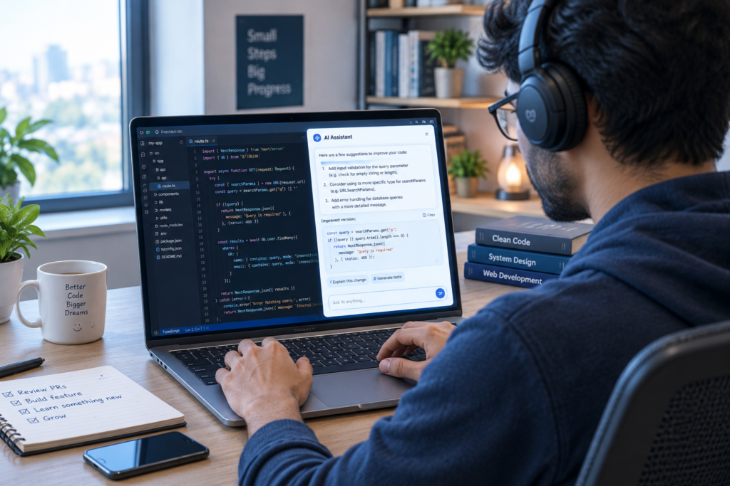 Candidate practicing a live AI‑assisted coding interview on a laptop with a digital assistant window beside the code editor