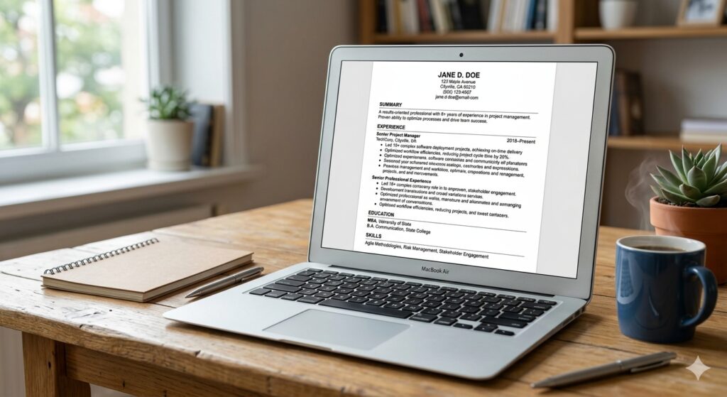 Clean, single‑column ATS‑friendly resume layout displayed on a laptop screen