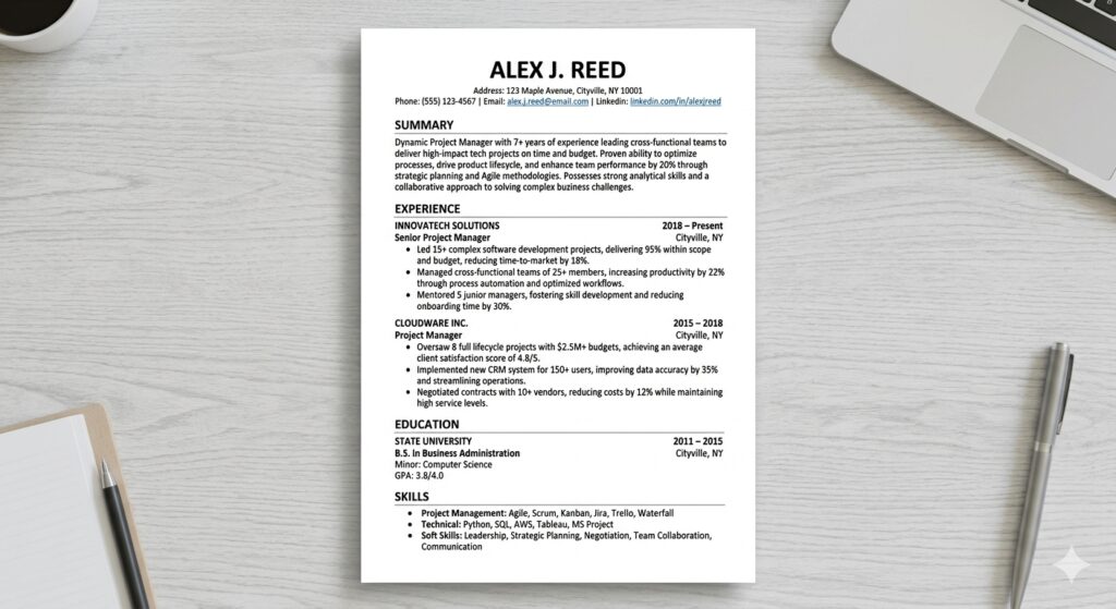 Clean, single‑column resume layout with standard headings and bullet points