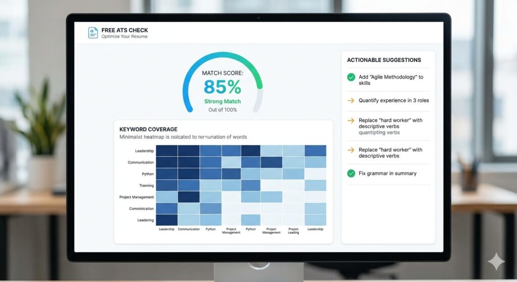 Dashboard of a free ATS score checker displaying a match percentage and keyword heat map