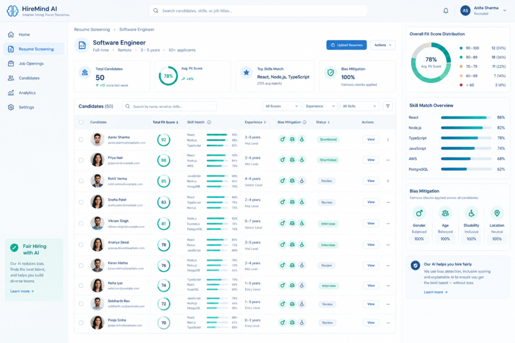 Dashboard screenshot of an AI resume screening tool with candidate scores, skill match bars, and bias indicators