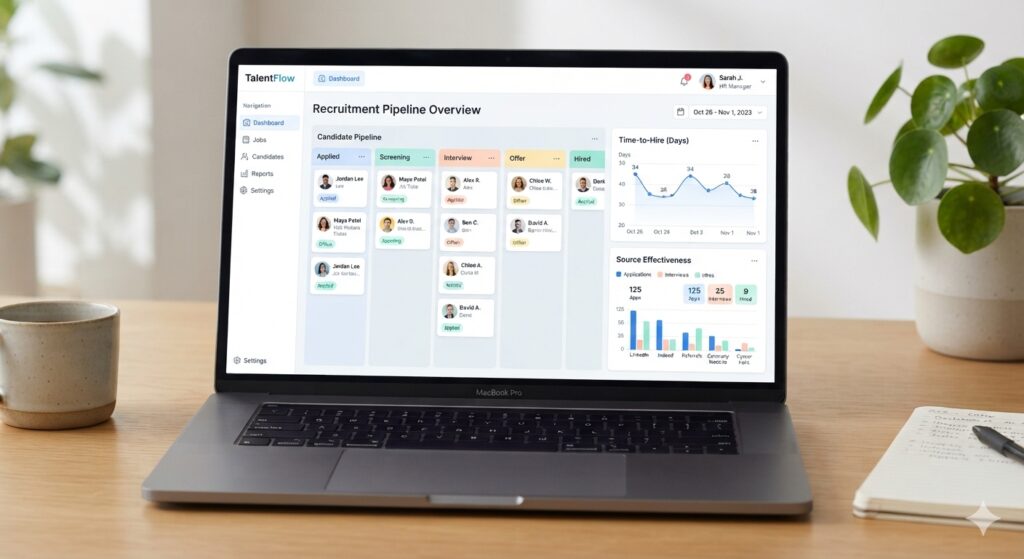 Dashboard view of an ATS showing candidate pipeline, analytics graphs, and real‑time status updates.