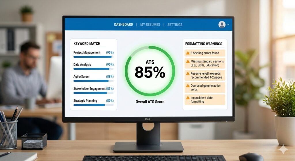 Screenshot of an ATS resume checker dashboard showing score, keyword match, and formatting alerts