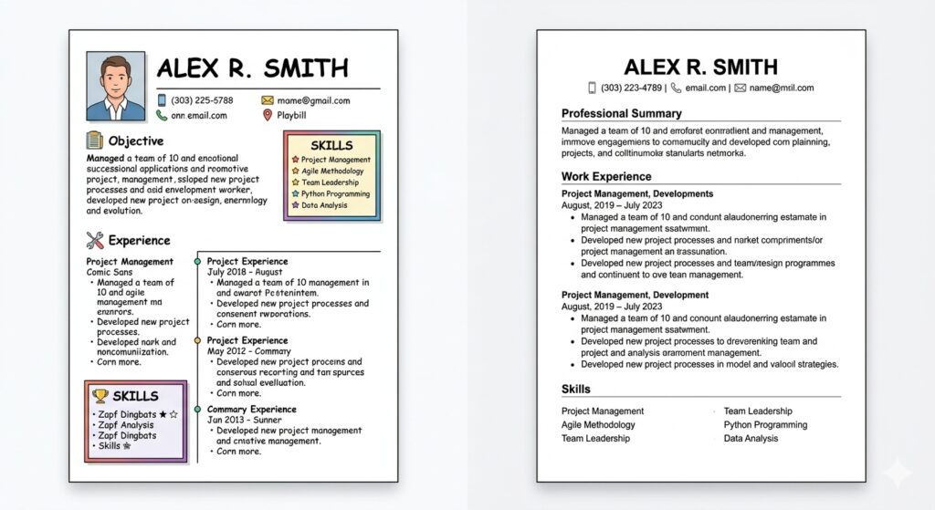 Side‑by‑side comparison of a resume before and after ATS‑friendly formatting adjustments