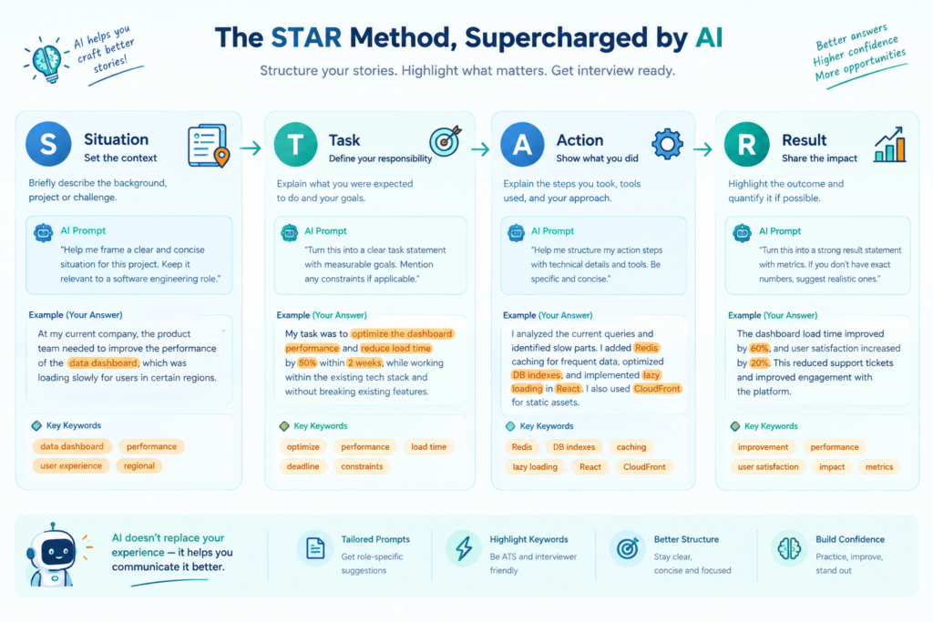 Visual diagram of a STAR story workflow with AI‑generated prompts and keyword matching highlighted