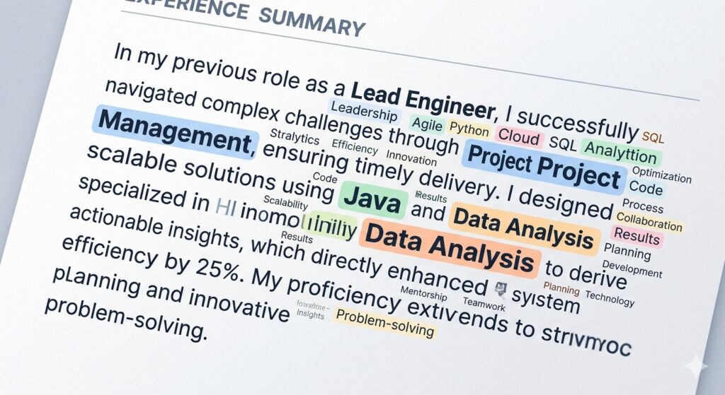 Word cloud of common job‑specific keywords highlighted in a resume excerpt